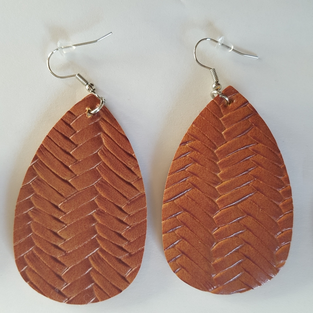 3 FOR $12 Faux Leather Earrings Braided Tan Oblong Teardrop